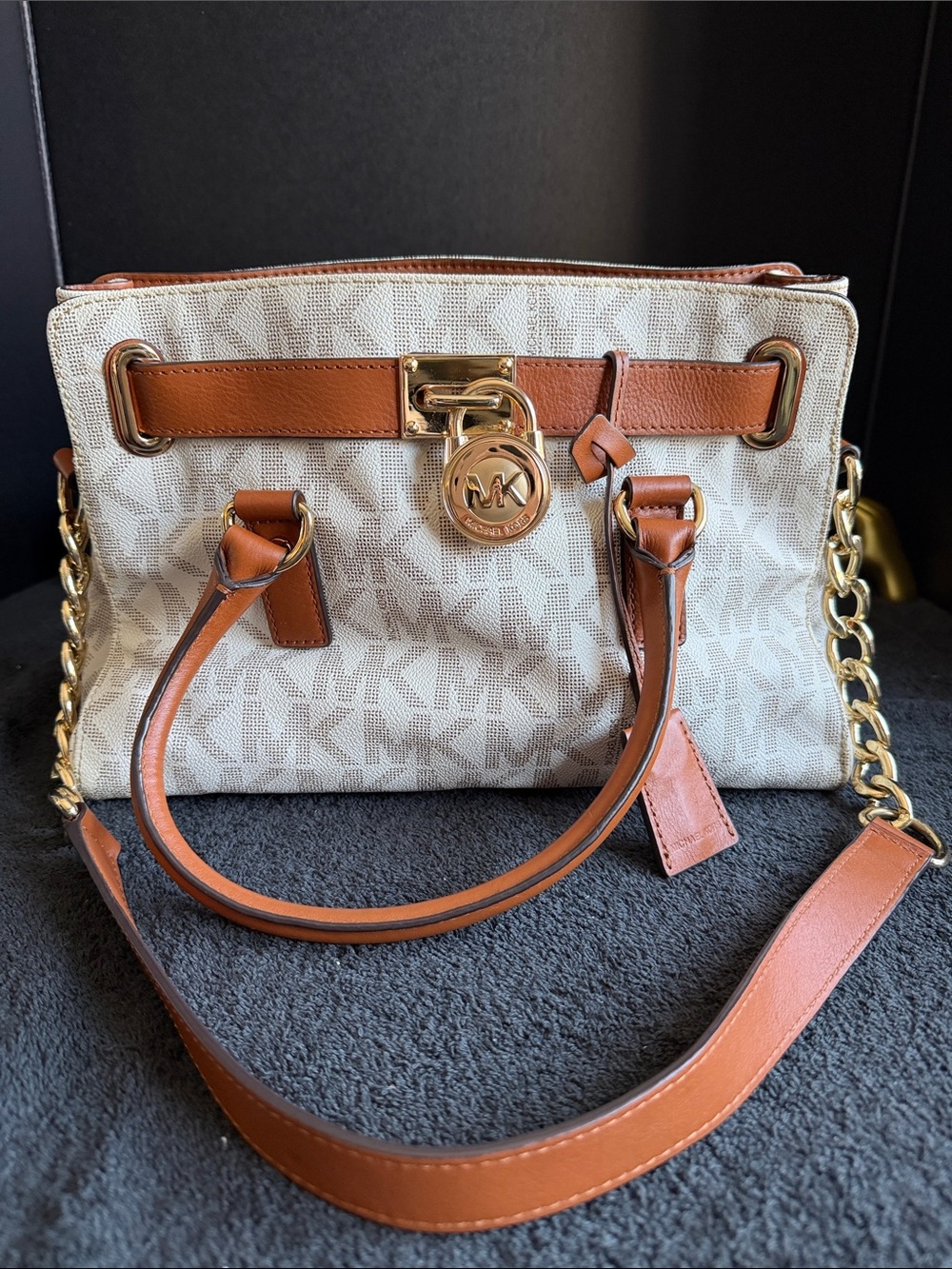 Michael Kors Cream Signature Monogram Satchel with Brown Trim and Gold Hardware